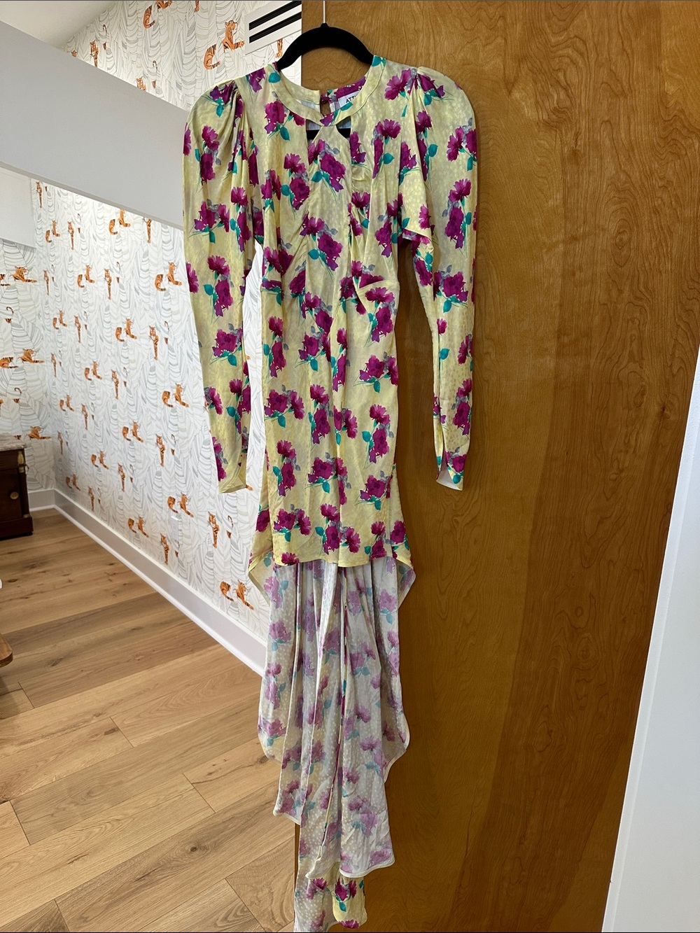 ATTICO Floral High-Low Long Sleeve Midi Dress in Cream and Magenta